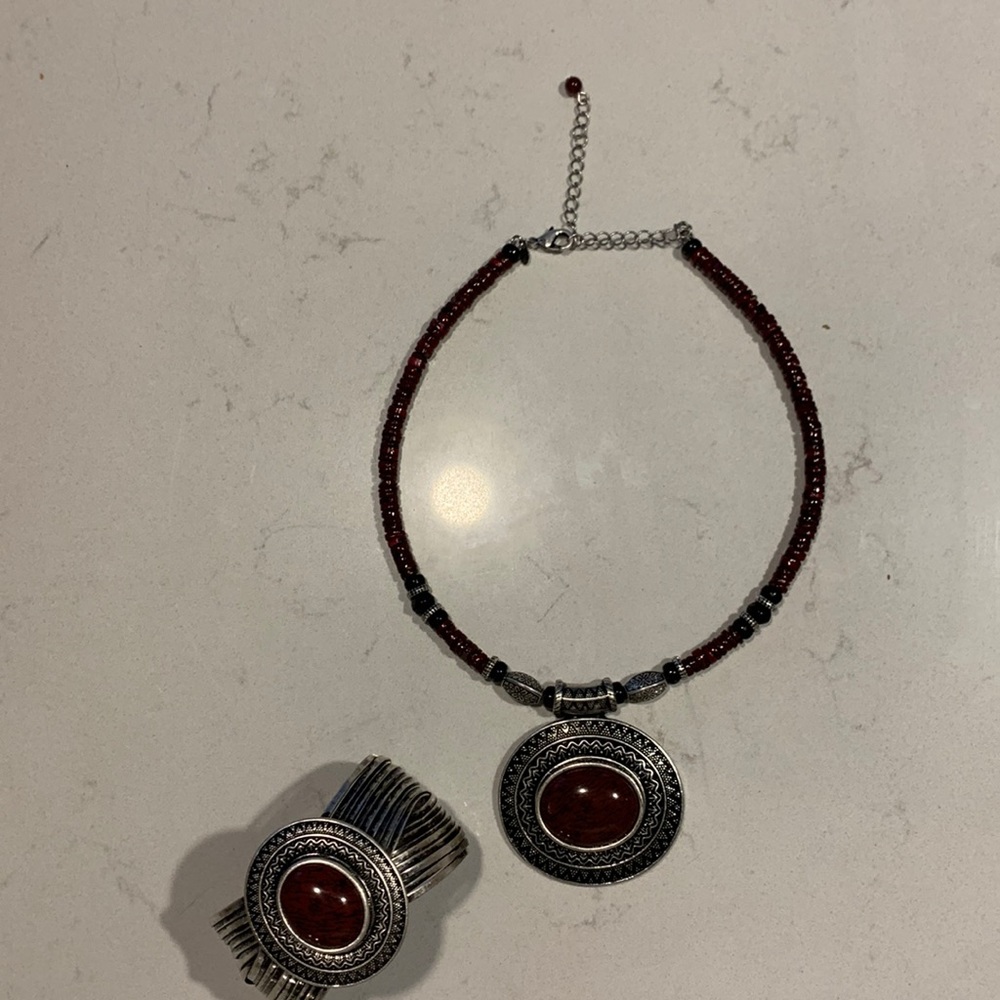Antique silver plated 7 in cuff bracelet and necklace